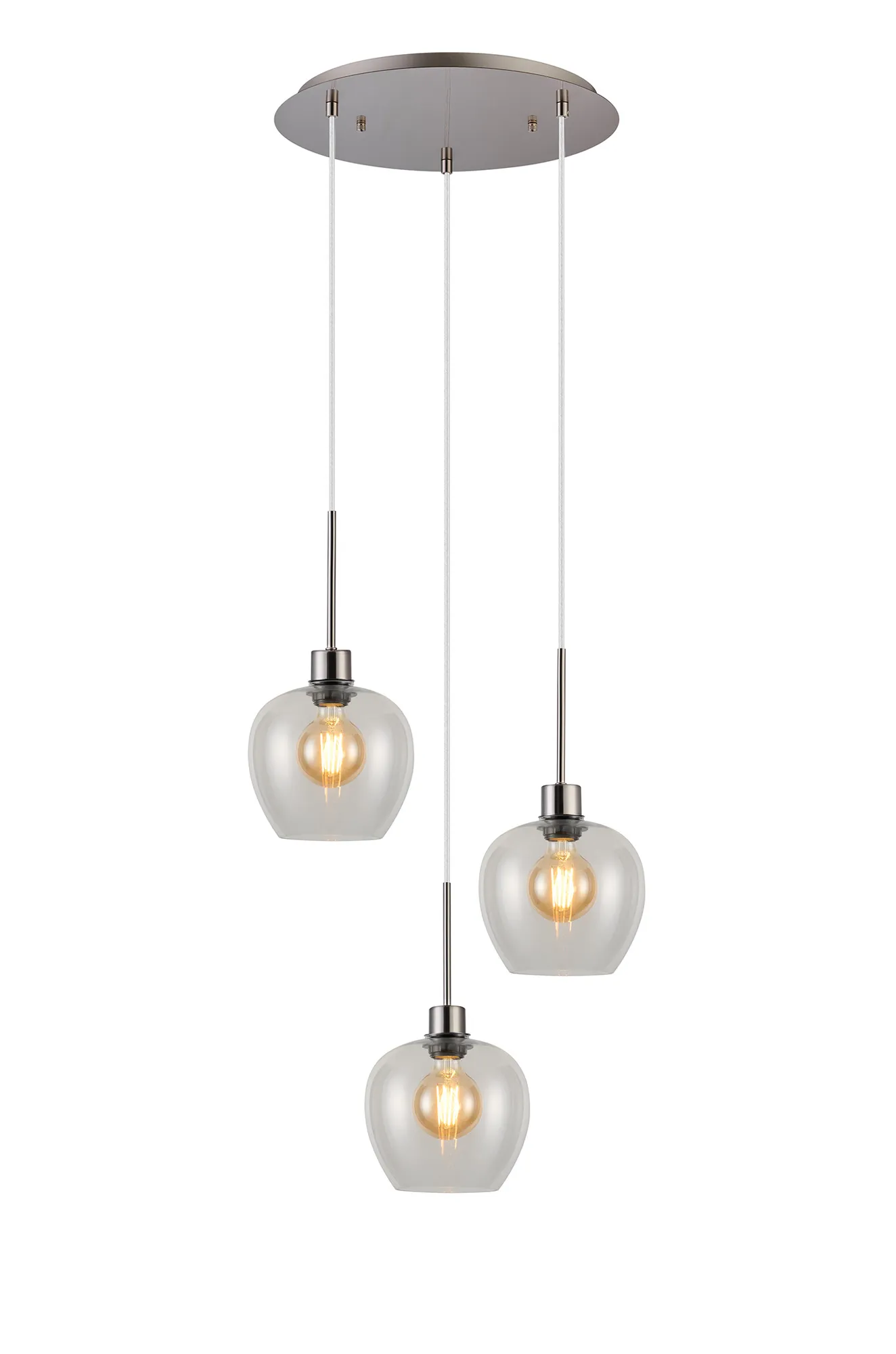Lori 40cm Round Pendant, 3 Light Adjustable E27, Satin Nickel/Clear Wine Shades DK1370  Deco Lori Satin Nickel